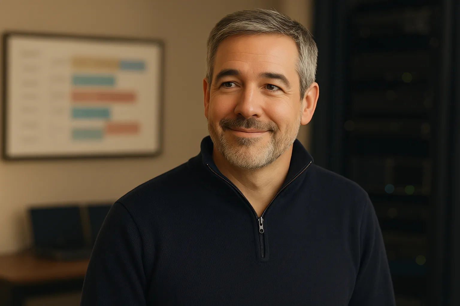The owner of a managed IT service provider at his desk, calm and in control, while his sales pipeline fills with booked meetings.